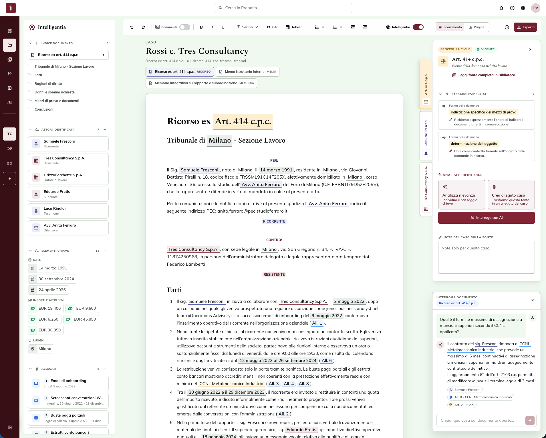 Probatio Vincit workspace with case navigation, document editor, and legal source controls