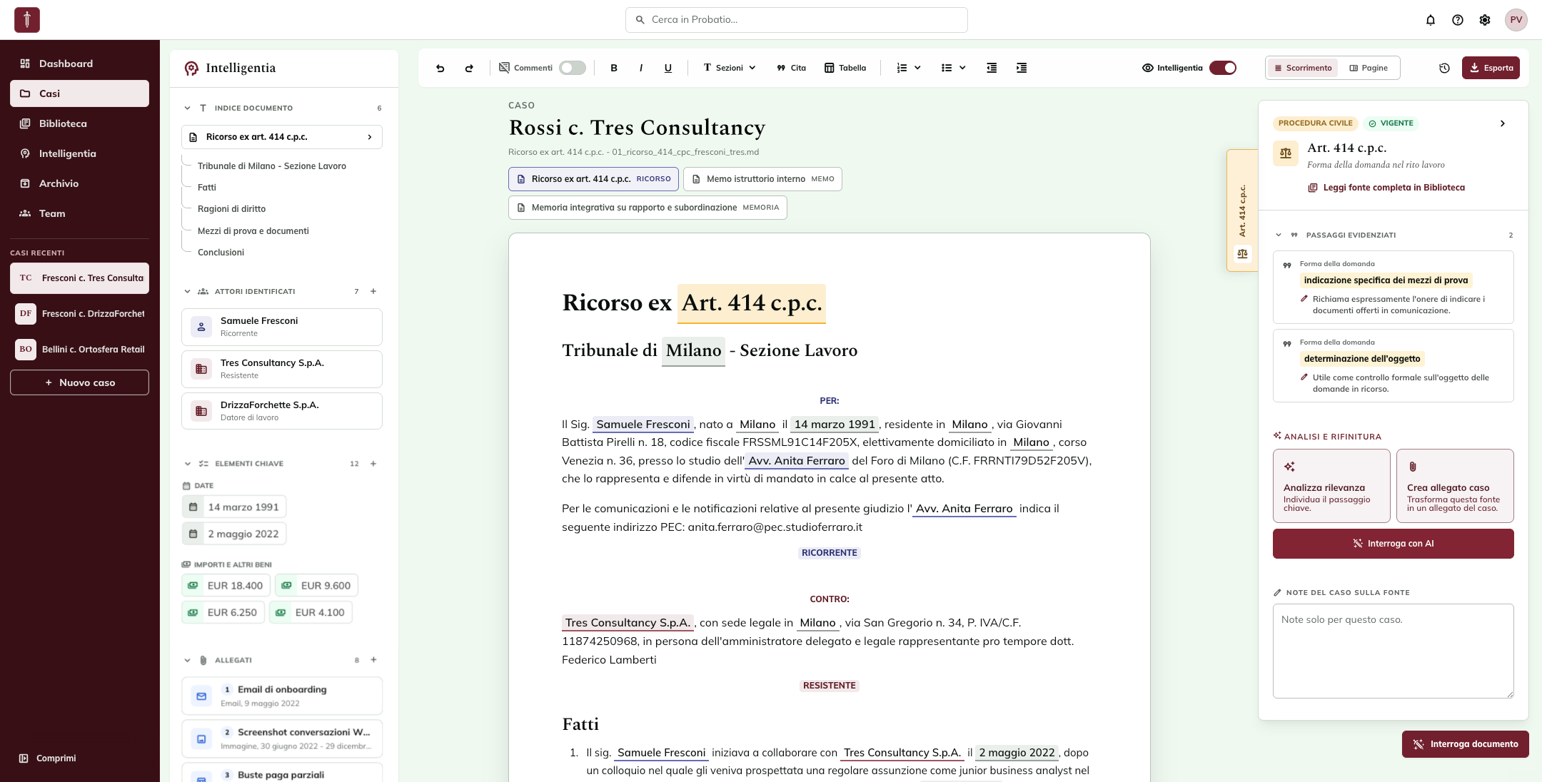 Probatio Vincit workspace with case navigation, document editor, and legal source controls
